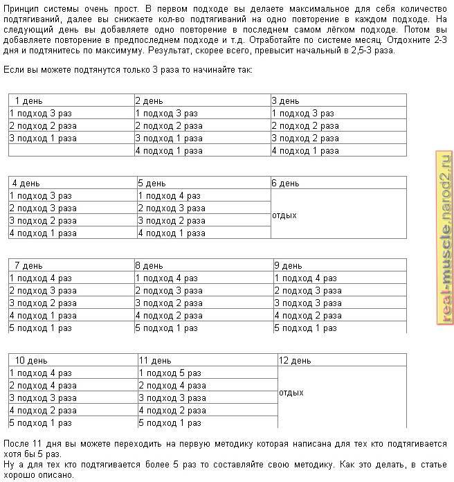 Программа подтягиваний с нуля на турнике: таблица для начинающих